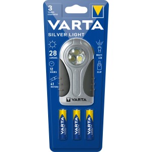 Varta LED-Taschenlampe Silver Light mit 3 Batterien, silberfarben/grau, mit Clip.