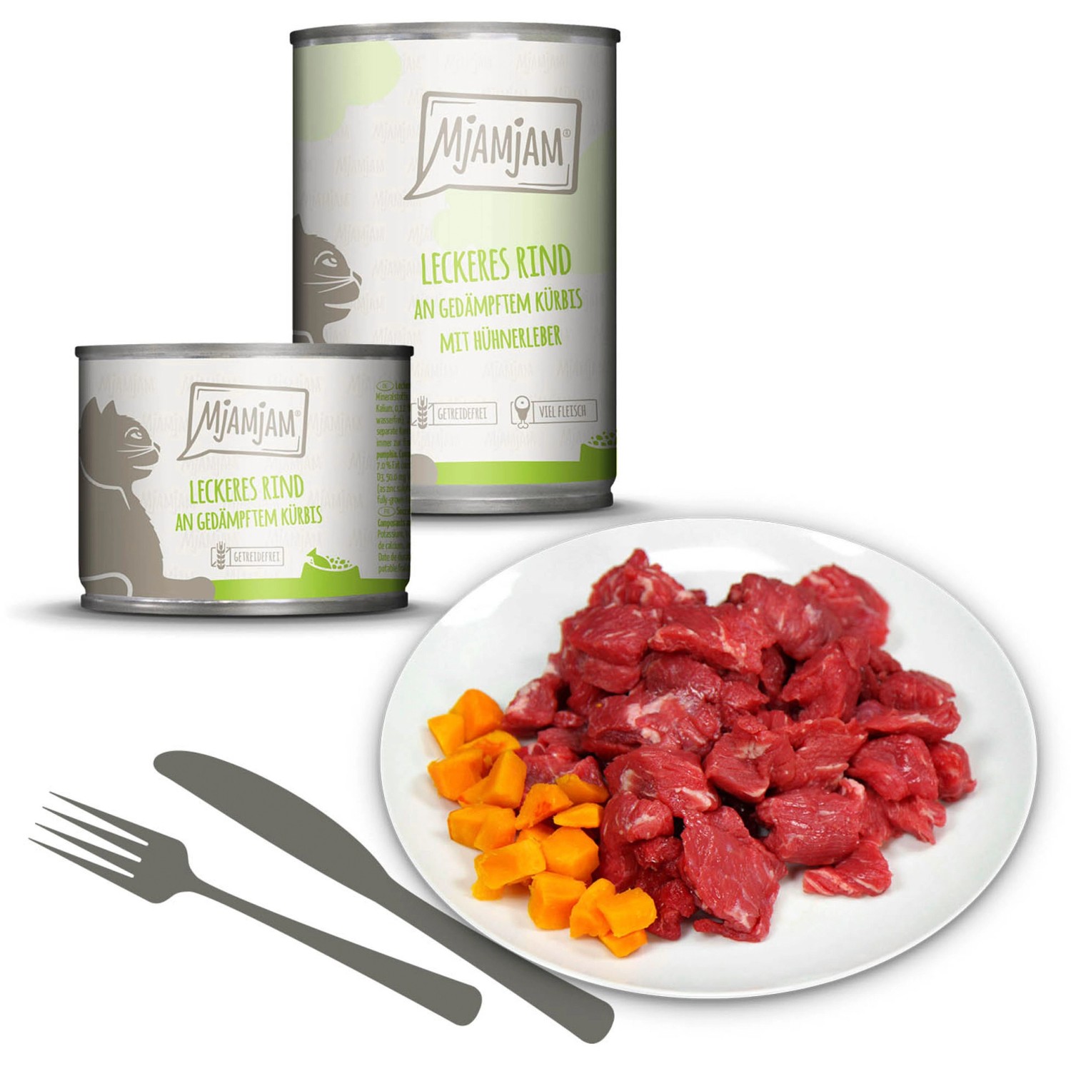 Mjamjam Katzen-Nassfutter Leckeres Rind mit Kürbis, Dosen und Teller mit Futter.