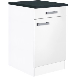 Optifit Unterschrank Salo214, 50 cm, Weiß mit Schublade, Tür und anthrazitfarbener Arbeitsplatte.