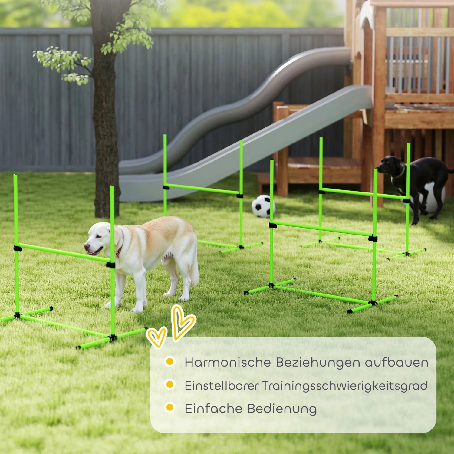 Zwei Hunde trainieren mit dem grünen PawHut Agility Set aus Kunststoff mit verstellbaren Hürden und Slalomstangen im Garten.