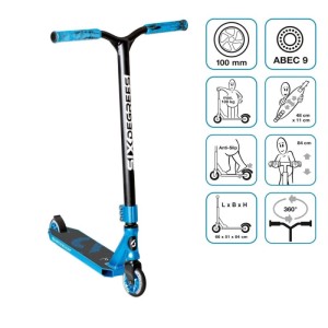 Blauer Six Degrees Stuntscooter mit verstärktem Wing-Lenker, 100mm Rollen, ABEC 9 Kugellagern und 360-Grad-Lenkung.