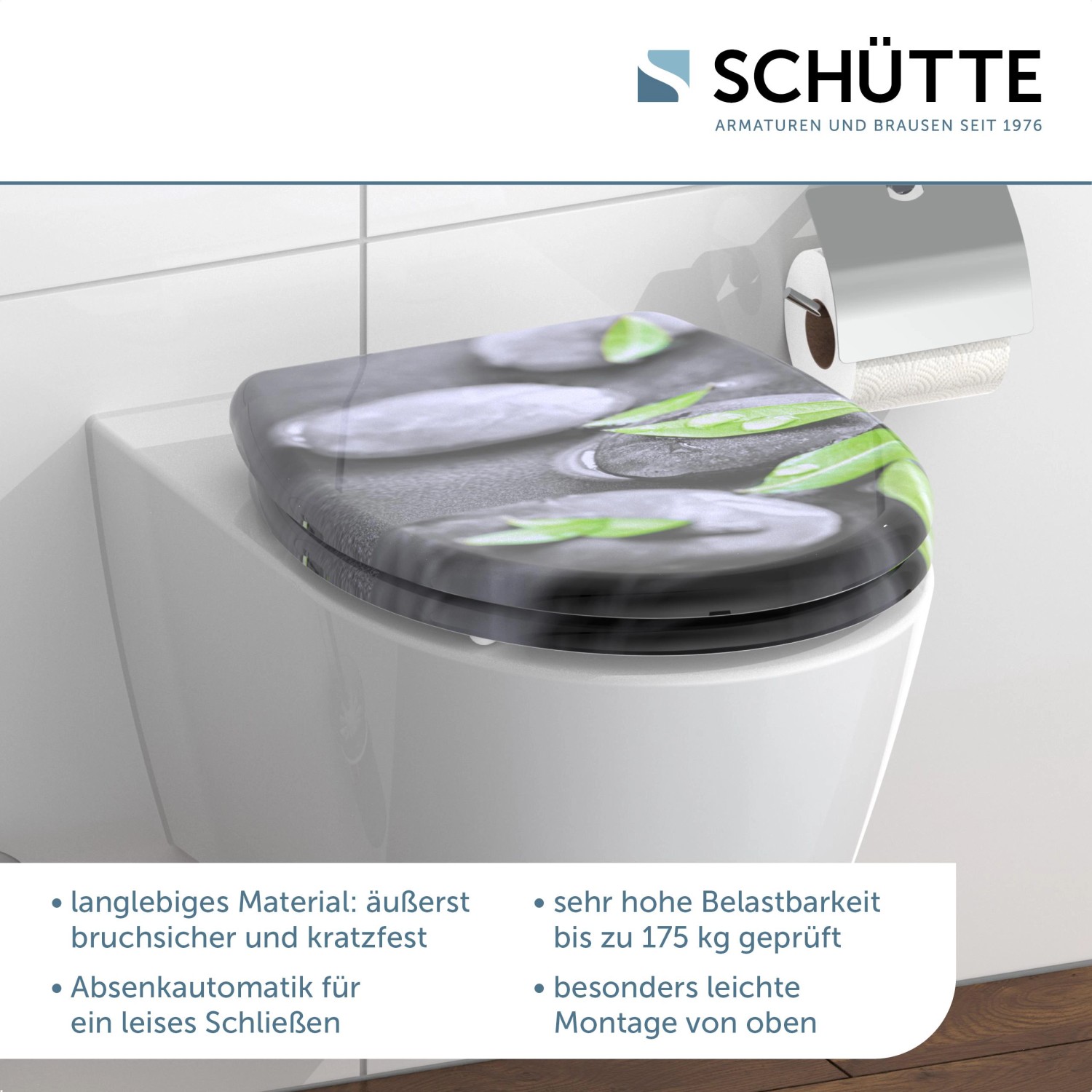 Schütte WC-Sitz Duroplast Stone mit Absenkautomatik und Stein-Motiv auf einer Toilette.