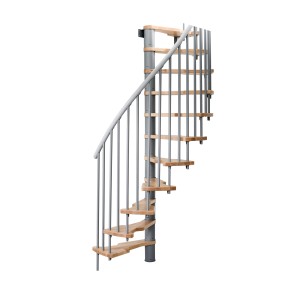 Graue Minka Spindeltreppe Metallica Smart mit Buchenholzstufen, ideal für den Innenausbau.