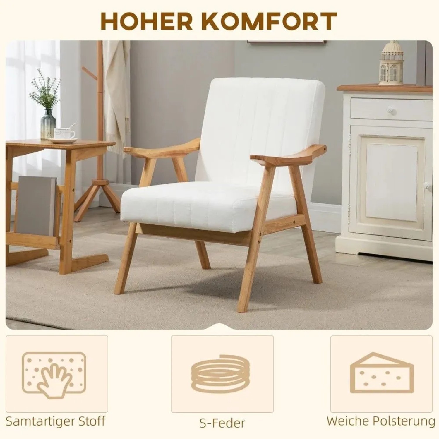HOMCOM Polsterstuhl in Samtoptik, weiß, mit Holzrahmen im Skandi Design. Bequemer Armlehnstuhl für Wohnzimmer.