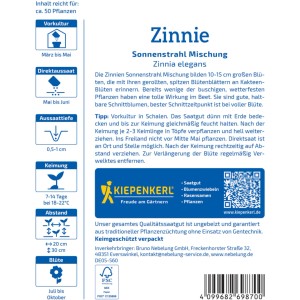 Kiepenkerl Zinnie Sonnenstrahl-Mischung Saatgutpackung mit Infos zu Aussaat und Blütezeit.