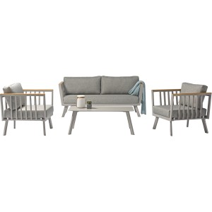 4-teilige Acamp Loungegruppe Gondola Taupe-Teak mit Sofa, Sesseln und Tisch für den Garten.