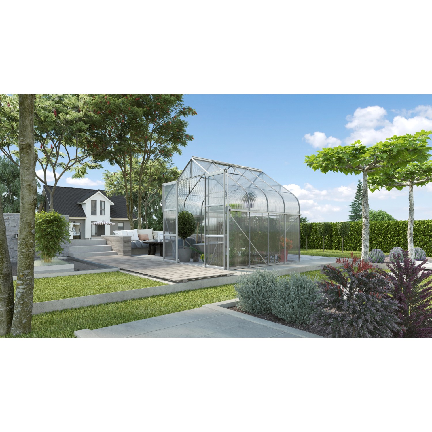 Vitavia Gewächshaus Diana 6700 HKP, Aluminium eloxiert, im Garten. Elegantes Design mit Doppelschiebetür.