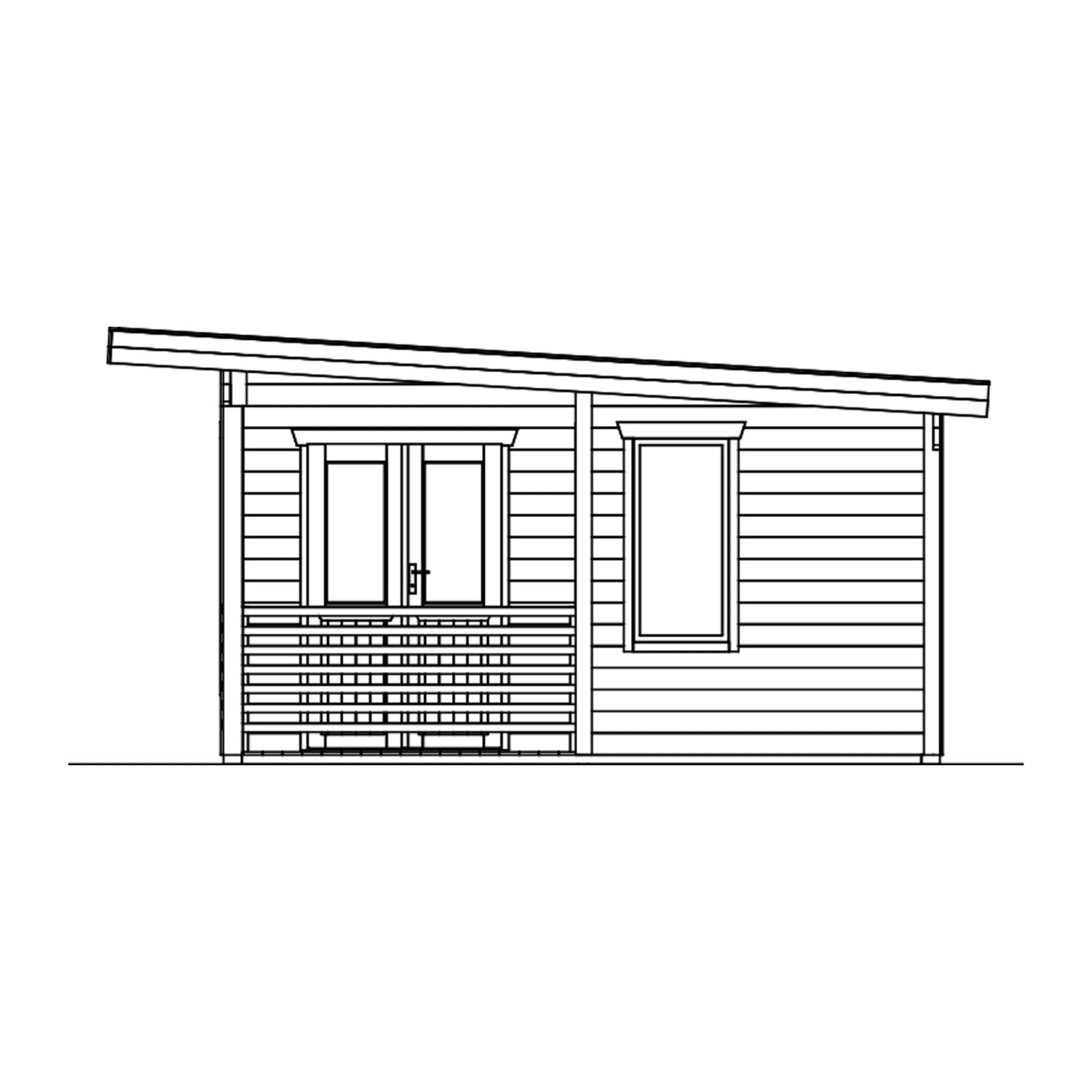Illustration des Skan Holz Gartenhaus Arnheim 670x444 cm in Schiefergrau, Seitenansicht.