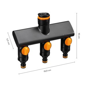 Fiskars 3-Wege-Ventil für Sprinkler-Systeme, Comfort, Schwarz-Orange, mit drei Anschlüssen und unabhängigen Ventilen.