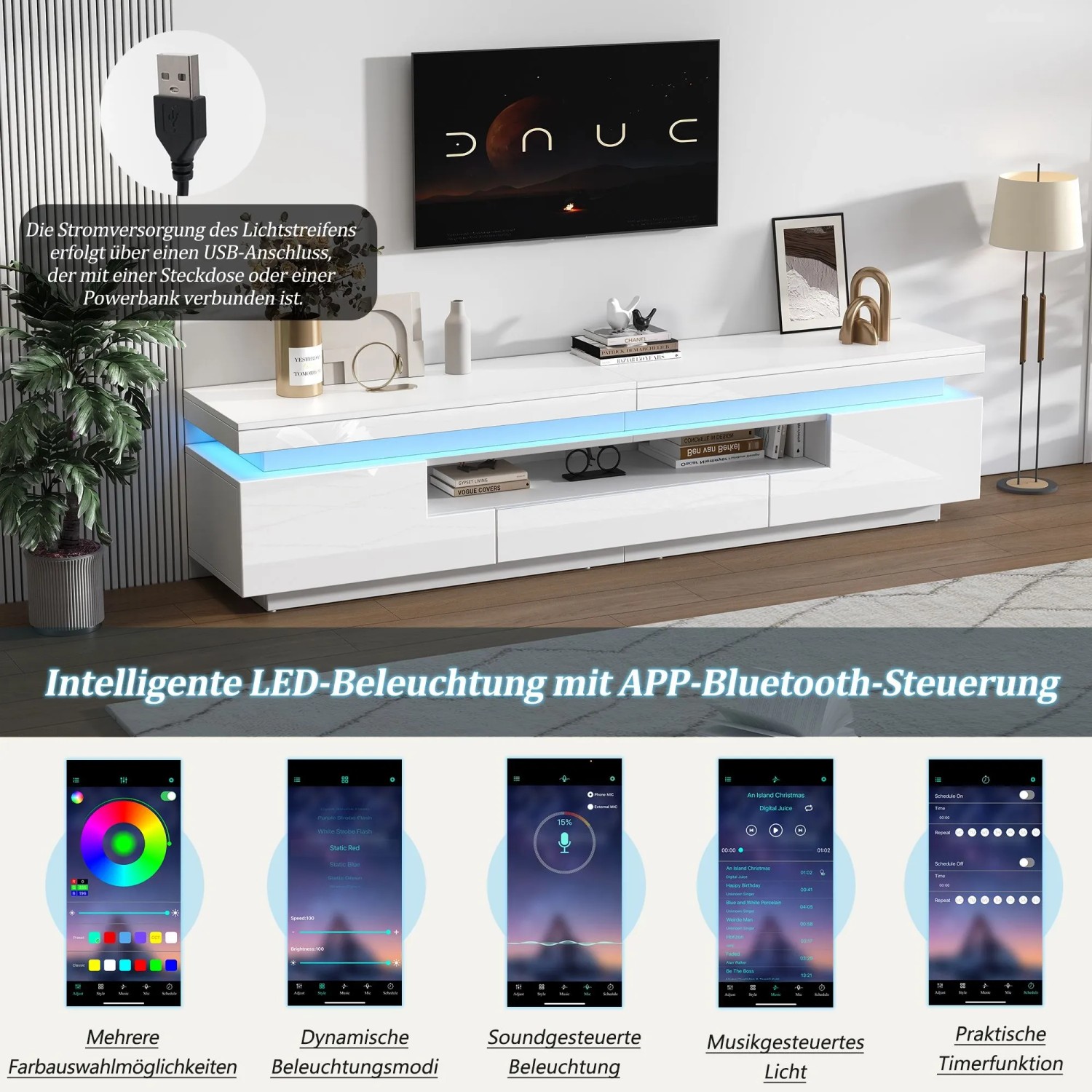 okwish TV Schrank mit LED Hochglanz Schublade Lowboard Wohnzimmer 75 Zoll 175x38x45cm Weiß_6