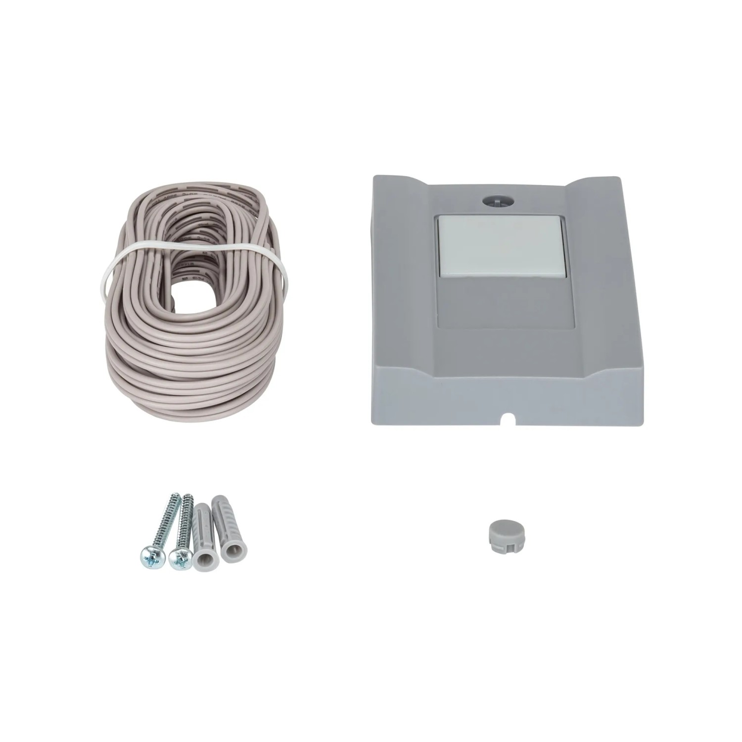 Zubehör für EcoStar Garagen-Sektionaltor: Kabel, Schalter, Schrauben und Dübel.