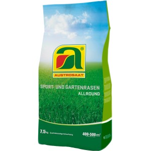 Verpackung Austrosaat Sport- und Gartenrasen, 7,5 kg. Strapazierfähiger Rasensamen für große Flächen.