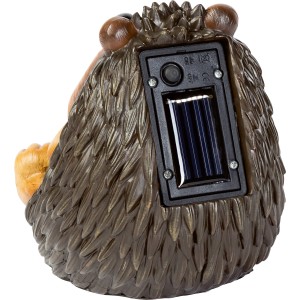 Detailansicht der LED Solarleuchte Igel mit Solarpanel und Ein-/Ausschalter.