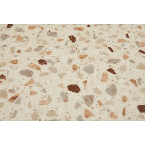 Beiger Andiamo PVC-Bodenbelag Allover 512 Stellar, Meterware mit Terrazzo-Optik.