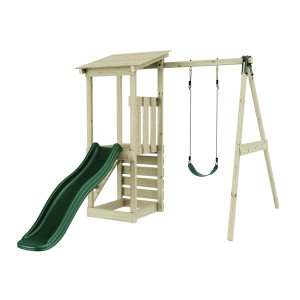 Rebo Spielturm Lyon aus Fichtenholz mit Rutsche, Kletterwand und Schaukel.