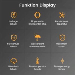 Display mit 9 Icons: Junsun EV Ladegerät Schutzfunktionen wie Leckage, Kurzschluss, Überstrom, Blitz, Übertemperatur, Überspannung, wasserdicht, intelligenter Chip.