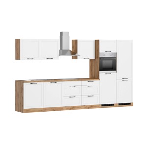 Moderne Küchenzeile Kempten 360 cm in Weiß/Wotan mit E-Geräten (Kühl-/Gefrierkombi, Geschirrspüler, Backofen, Kochfeld, Dunstabzugshaube).
