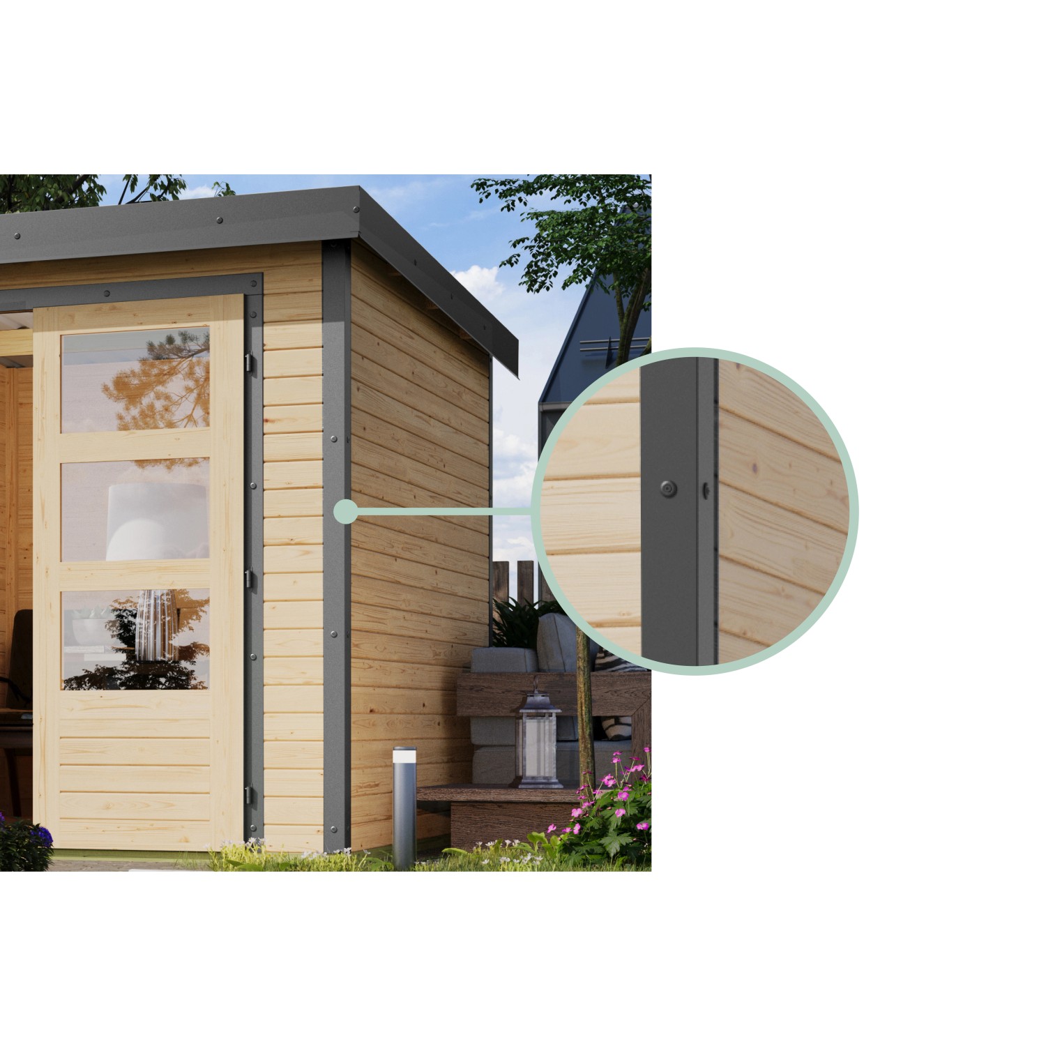 Karibu Gartenhaus Diego A: Detailansicht der graualuminiumfarbenen Metallecken und der Holzwand.