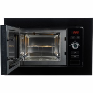 Offene Respekta Einbaumikrowelle Jana mit Glasfront in Schwarz, Innenraum aus Edelstahl.