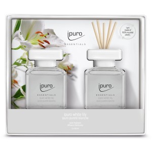 ipuro Essentials White Lily Raumduft-Set mit zwei Flakons und Duftstäbchen.
