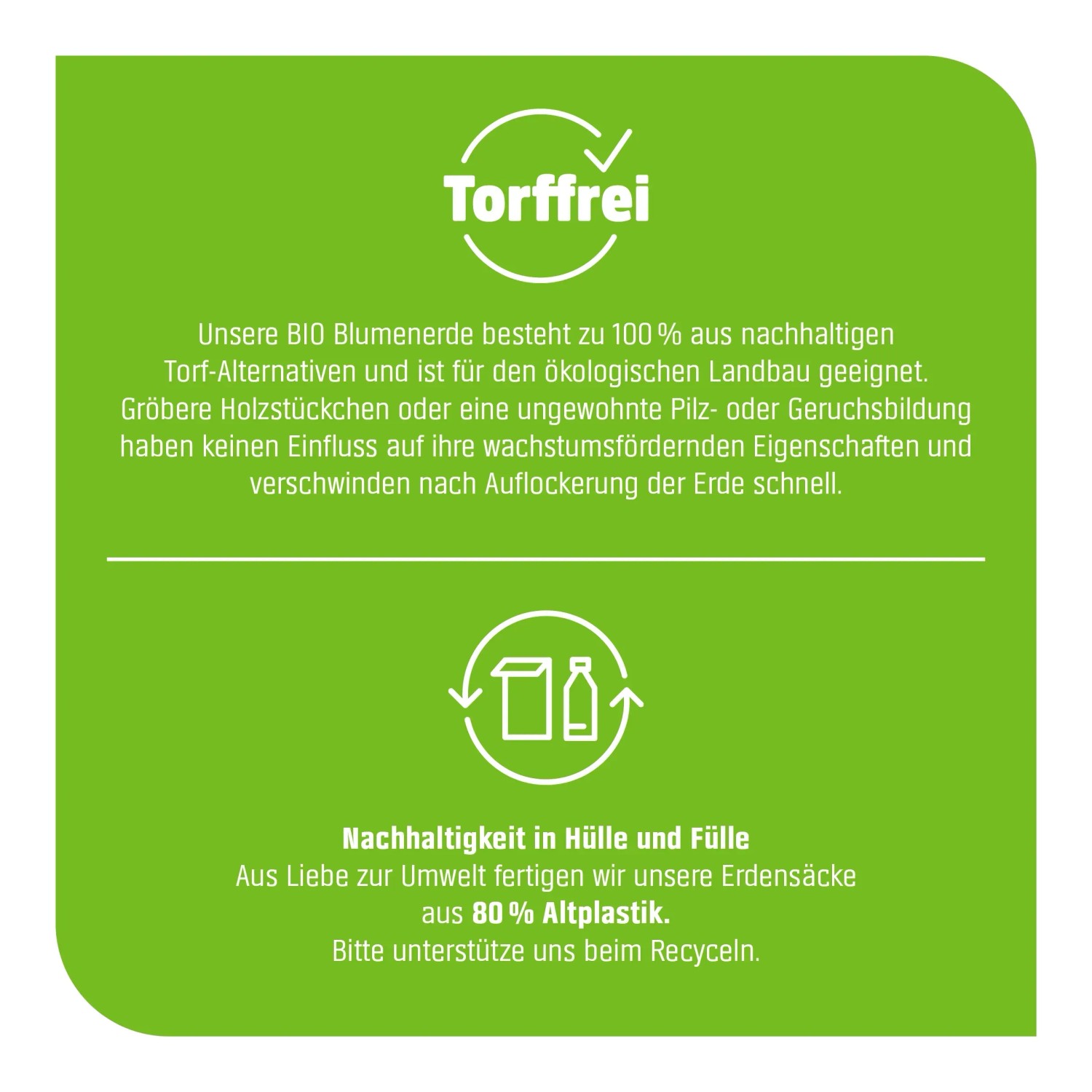 Hinweis: GROW by OBI BIO Blumenerde torffrei, nachhaltige Inhaltsstoffe, Verpackung aus Recyclingmaterial.