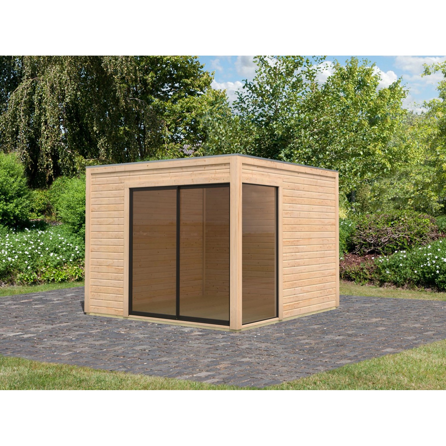 Naturbelassenes Karibu Gartenhaus Dillen 1 aus Holz mit Schiebetür und Flachdach.