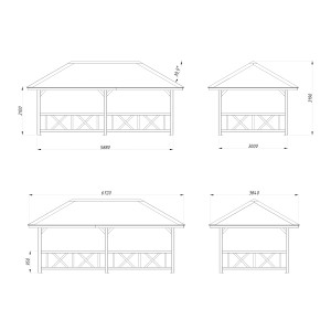Technische Zeichnung: Palmako Pavillon Bianca Set 107, braun, Maße 588x300 cm, Holzpavillon mit Geländer.