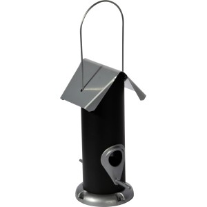 Schwarzer Dobar Metall-Futterspender zum Aufhängen, silbernes Dach und Bügel.