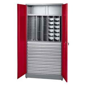 Offener, dunkelroter Küpper Materialschrank mit 10 Schubladen, Lochwänden und Sichtboxen.
