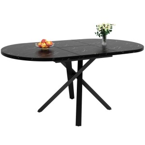 Schwarzer runder Ausziehtisch mit Marmoroptik und robustem X-Metallgestell. Ausziehbar, stabil, modern.