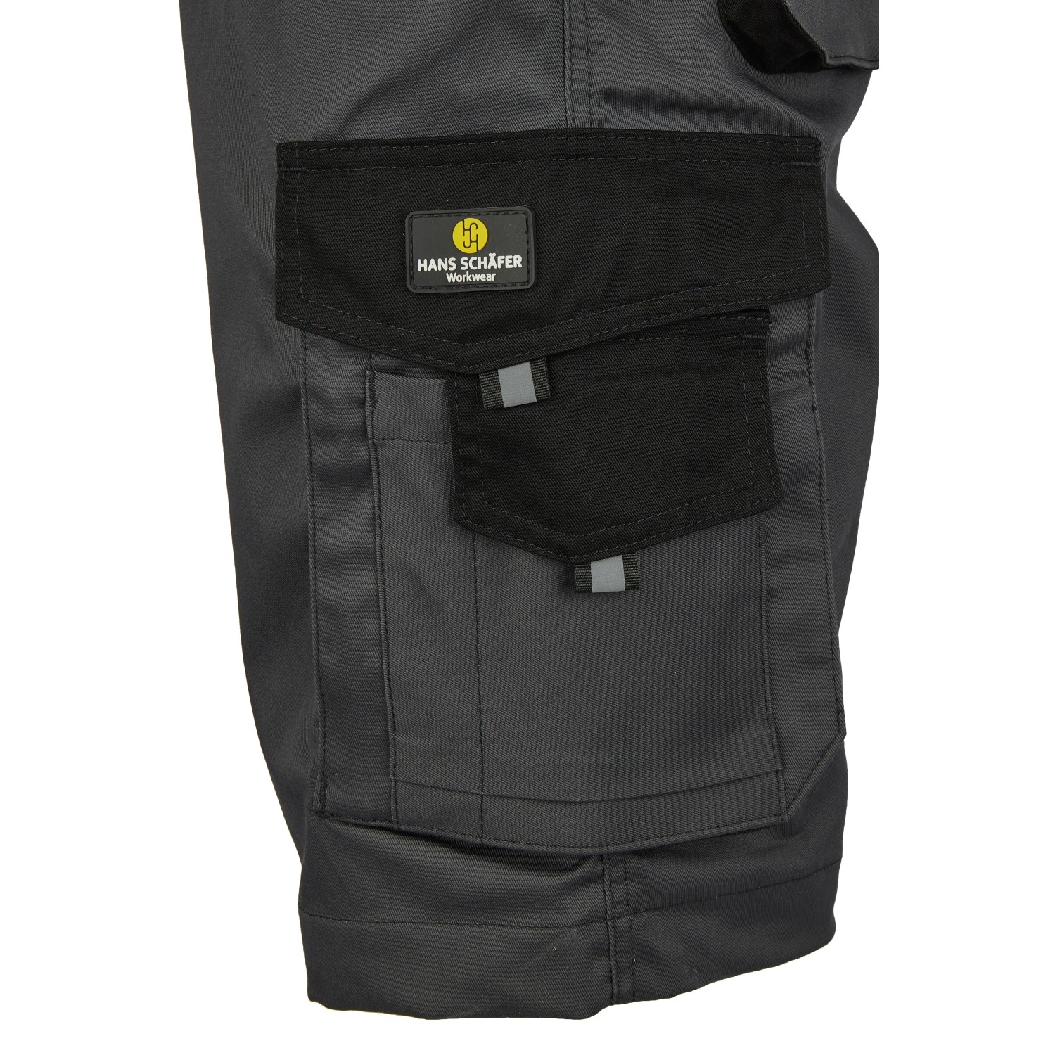 Detailaufnahme: Hans Schäfer Arbeitshose Short Athos, grau-schwarz, mit Taschen.