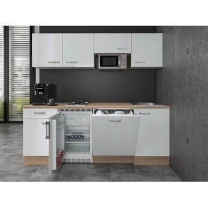 Flex-Well Büroküche Valero, 210 cm, Hochglanz Weiß und Sonoma Eiche Dekor mit E-Geräten.