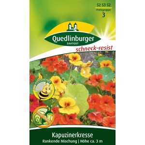 Samenpackung Quedlinburger Kapuzinerkresse, rankende Mischung mit gelben und orangen Blüten.