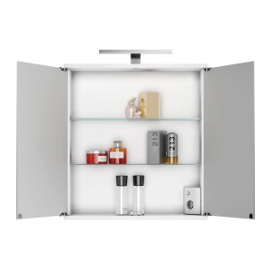 Offener, weißer Jokey Spiegelschrank Kandi LED 60 cm mit Glasablagen und diversen Badartikeln.