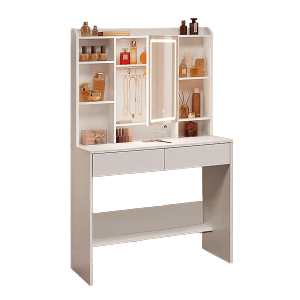 Weißer Songmics Schminktisch Kailyn mit LED-Beleuchtung, Spiegel und 7 Fächern.