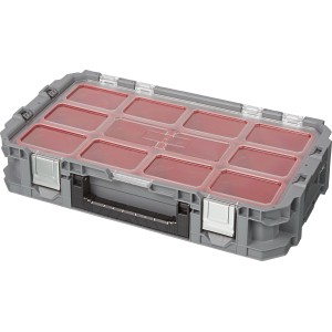 Grauer Keter Connect System Cantilever Organizer Werkzeugkoffer mit transparentem Deckel und roten Fächern.