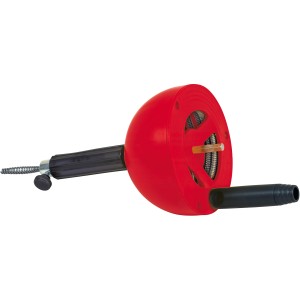 Rothenberger Rohrreinigungsspirale mit rotem Kunststoffbehälter und Adapter für Bohrmaschine.