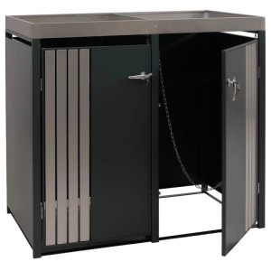 Anthrazitfarbene Mülltonnenbox für 2 Tonnen mit Pflanzkasten aus Edelstahl, 125x132x84cm.