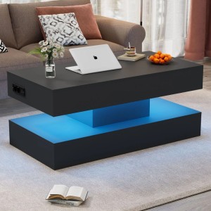 okwish Couchtisch mit LED Stauraum HydraulikHub Beistelltisch 100x50x42cm Schwarz