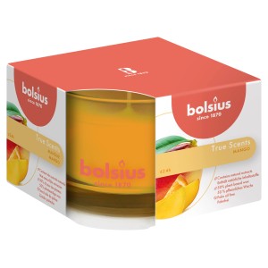 Bolsius Duftglas True Scents Mango, 63/90 mm, im Karton. Orangegelbe Duftkerze im Glas.