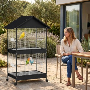 Großer PawHut Vogelkäfig aus schwarzem Stahl mit Kiefernholz-Sitzstangen, zweistöckig, auf Rollen, mit Vögeln auf der Terrasse.