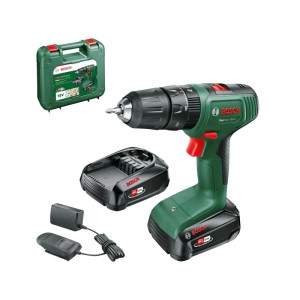 Grüner Bosch Akku-Schlagbohrschrauber EasyImpact 18V-40 Set mit 2 Akkus, Ladegerät und Koffer.