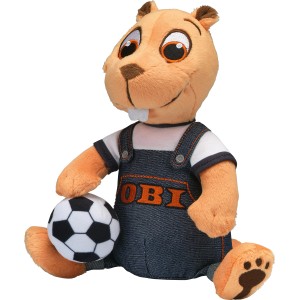 OBI Biber Plüschtier mit Fußball, orange, in Jeanslatzhose, ideales Geschenk für Fußballfans.
