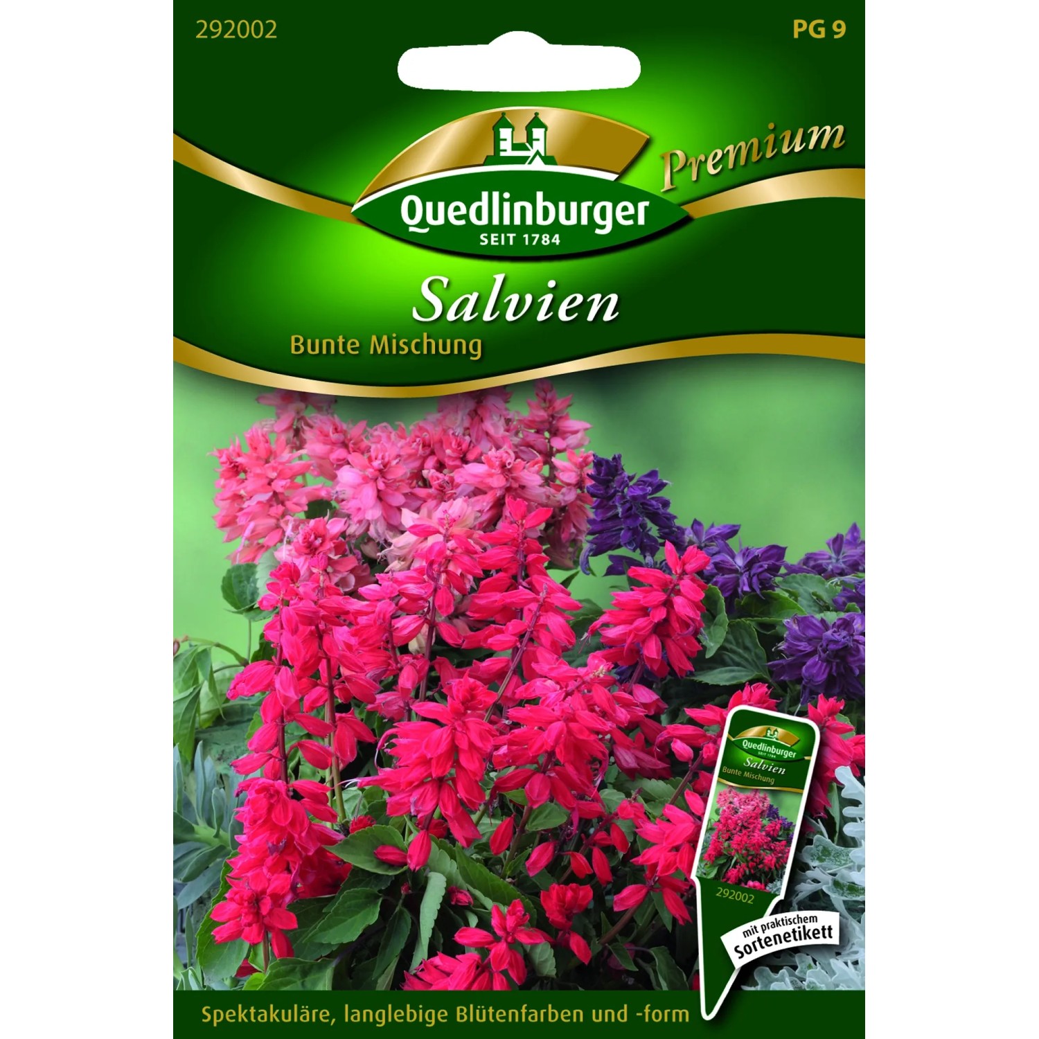 Quedlinburger Salvien 'Bunte Mischung' Blumensamen mit roten, pinken und lila Blüten.