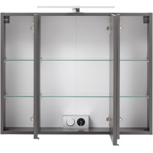 Offener Held Möbel 3D-Spiegelschrank Salerno, 80 cm, Graphitgrau, mit Glasböden und Aufsatzleuchte.