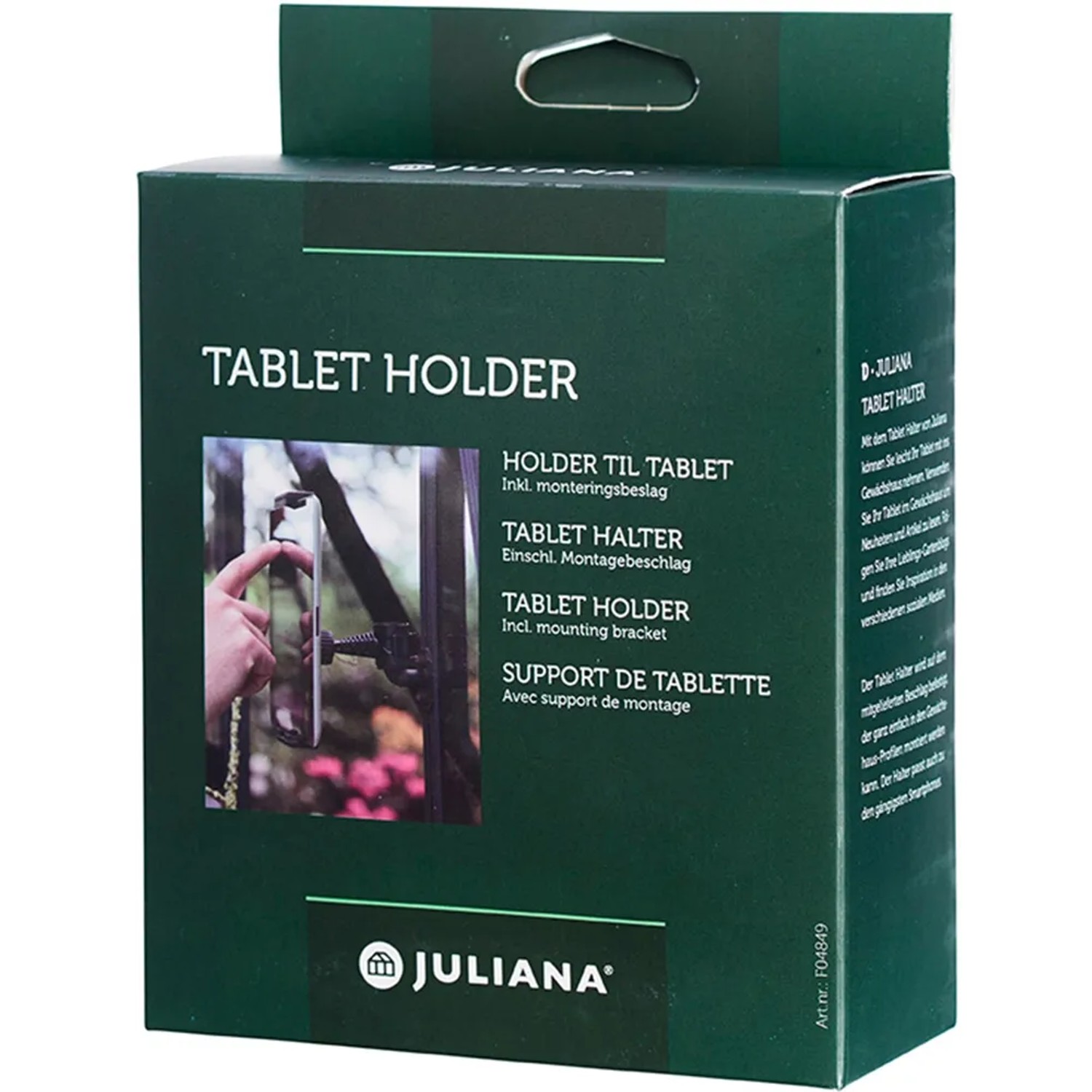 Verpackung des Juliana Tablet Halters für Gewächshäuser, schwarz, mit Montagebeschlag.