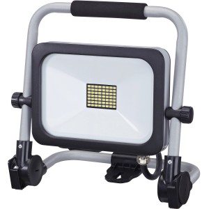 LED-Baustrahler Bright 30W, silber-anthrazit, mit klappbarem Standfuß und Tragegriff.