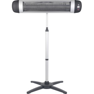 Terrassenheizstrahler Nagua 3000W mit Standfuß, silberfarben und schwarz.