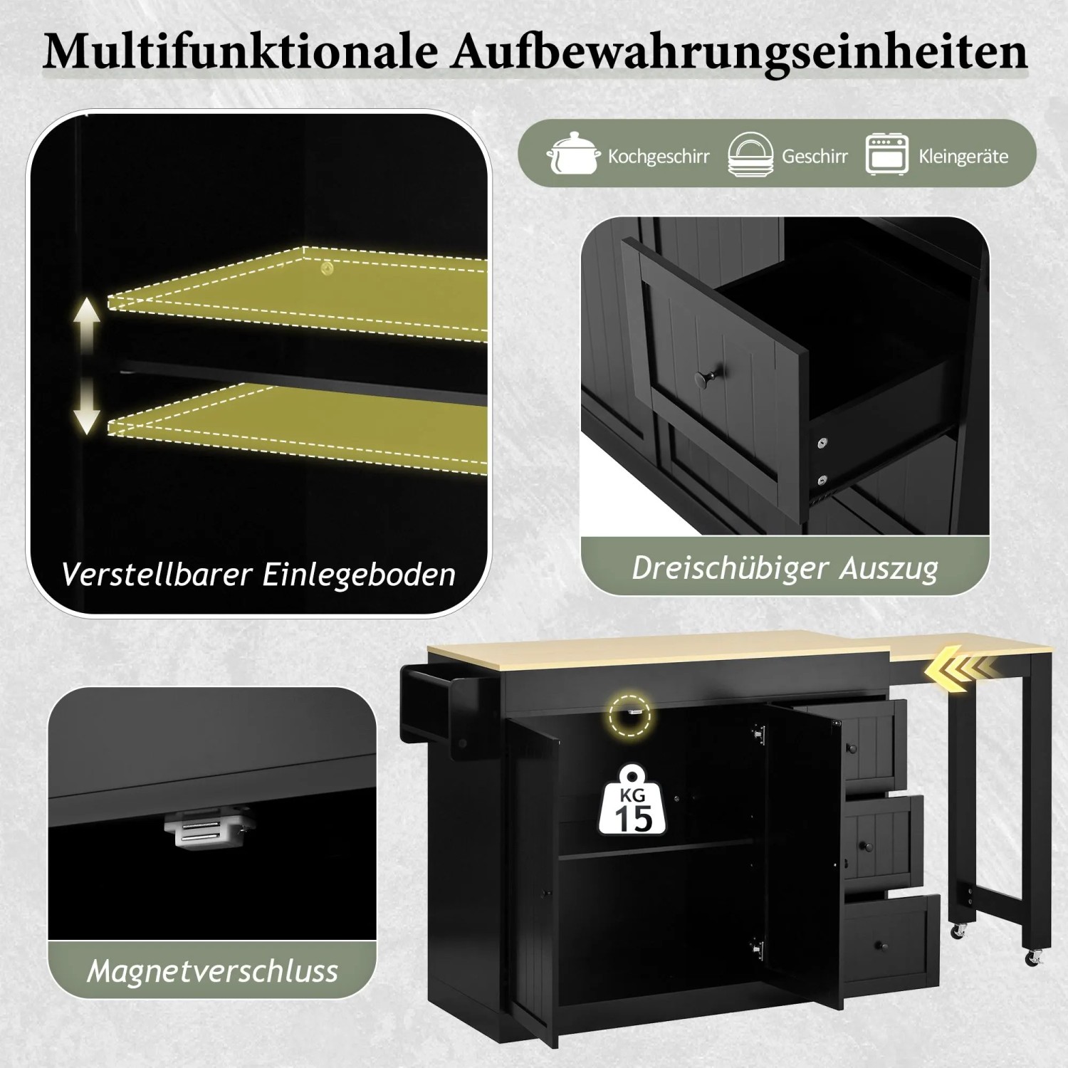 okwish Kücheninsel mit Rollen Schubladen Ausziehbarer Essbereich 112-186.8x45x93cm Schwarz_7