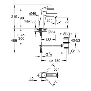 Technische Zeichnung Grohe Concetto Waschtischarmatur M-Size mit Maßen und Details.